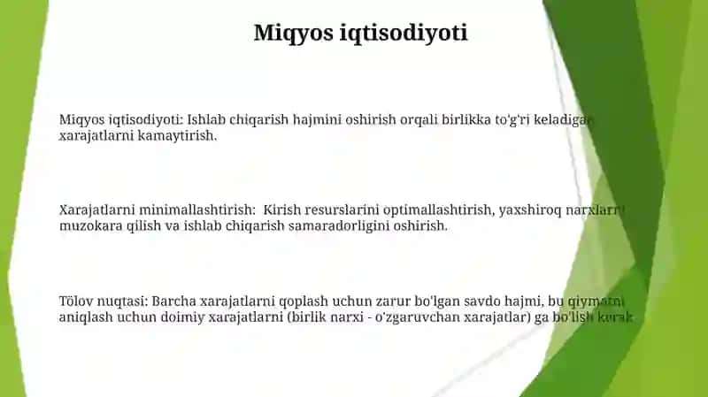 Ishlab chiqarish xarajatlarini minimallashtirish shartlari va korxonaning zararsiz ishlash nuqtasini hisoblash yo‘llari 3