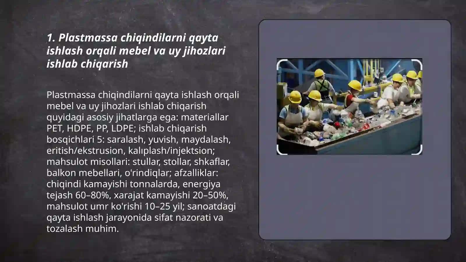 Plastmassa chiqindilarni qayta ishlash orqali mebel va uy jihozlari ishlab chiqarish 3