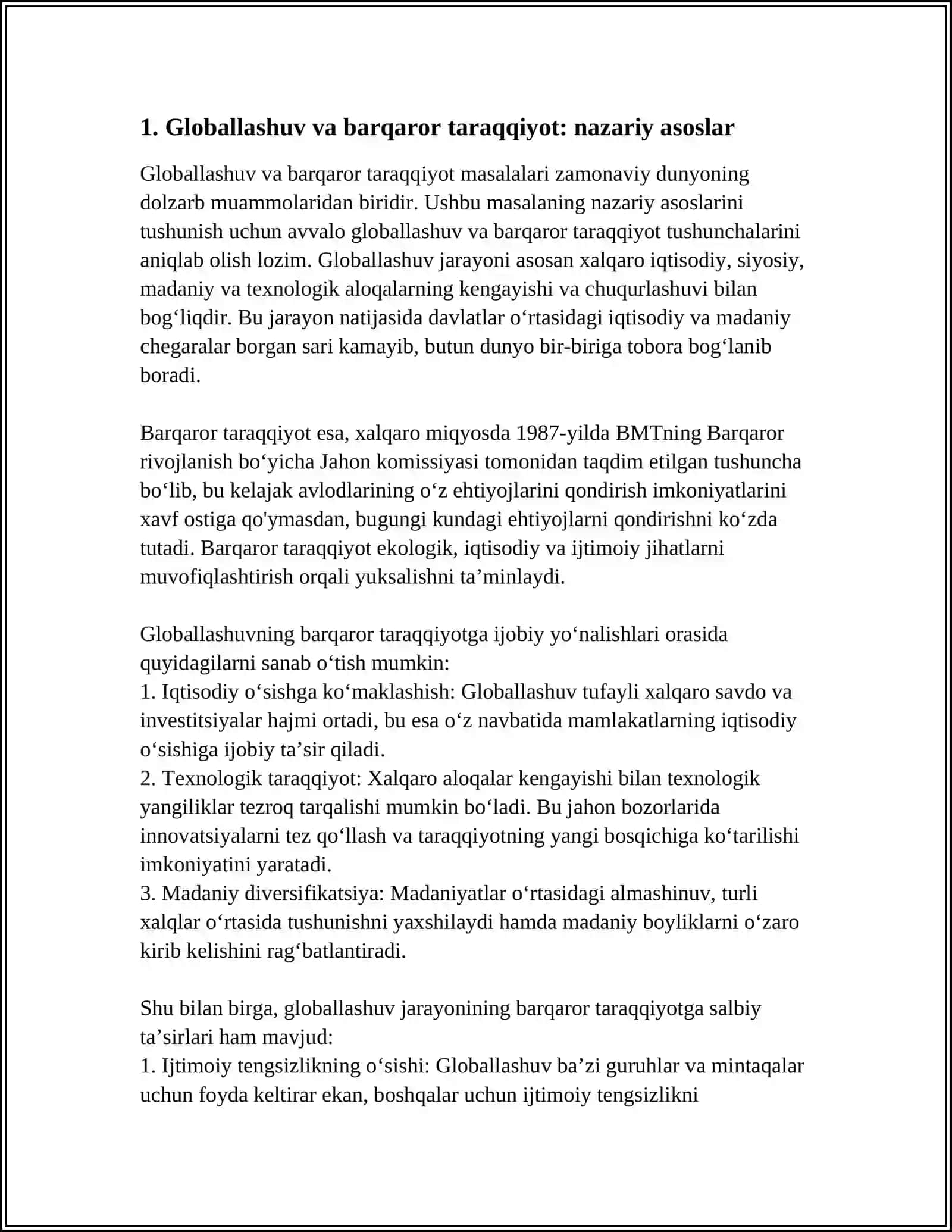 BARQAROR TARAQQIYOTNI TAMINLASHDA GLOBALLASHUVNING IJOBIY VA SALBIY YOʼNALISHLARI 3