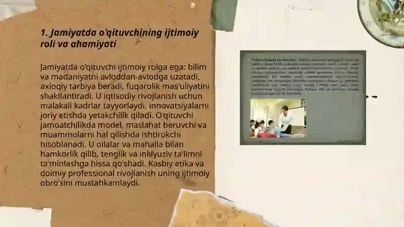 Jamiyatda o'qituvchilarni tutgan o'rni va uning vazifalari, o'qituvchi shahsiga qo'yiladigan talablar 3