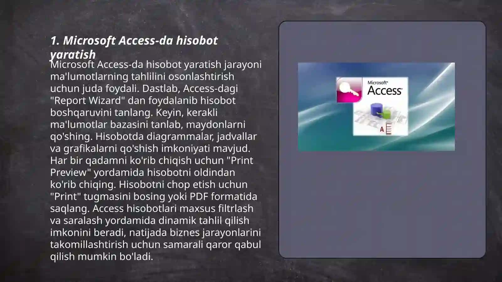 Microsoft Access berilganlarni boshqarish tizimida hisobotlar makros va modullar 3