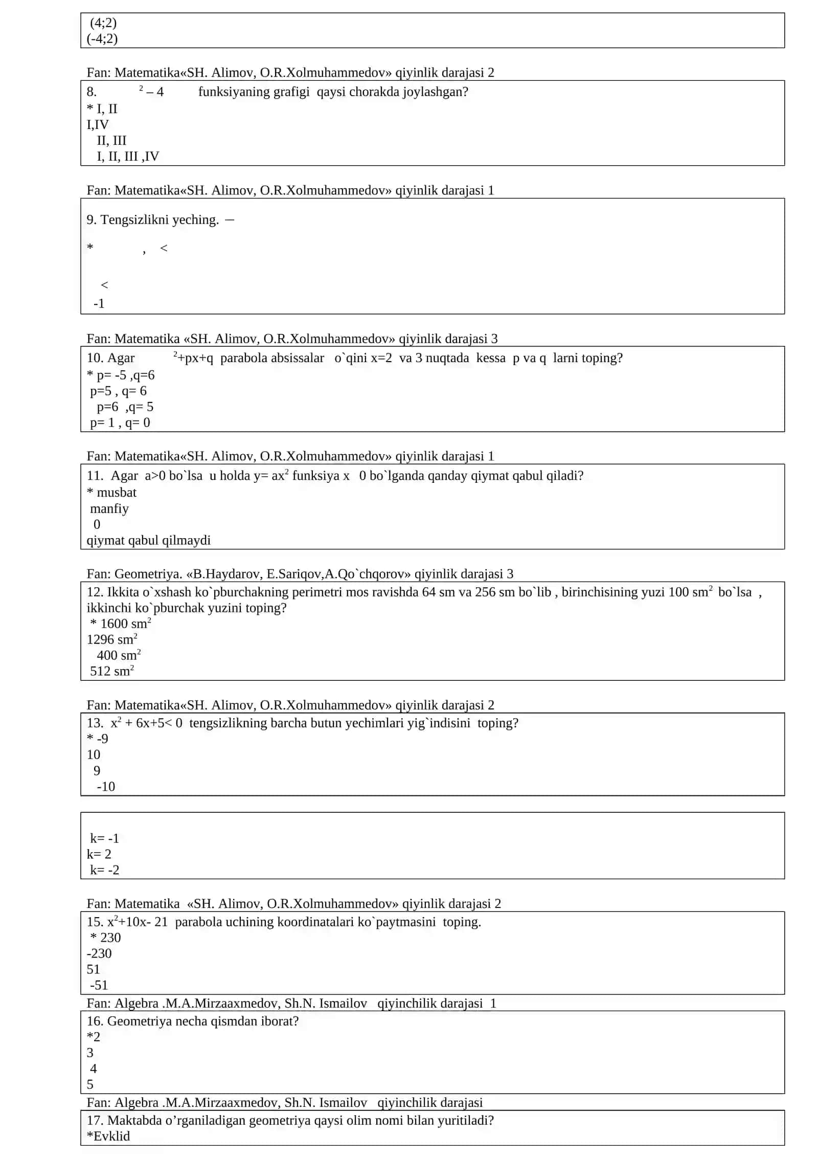 Testlar - Matematika fanidan 3