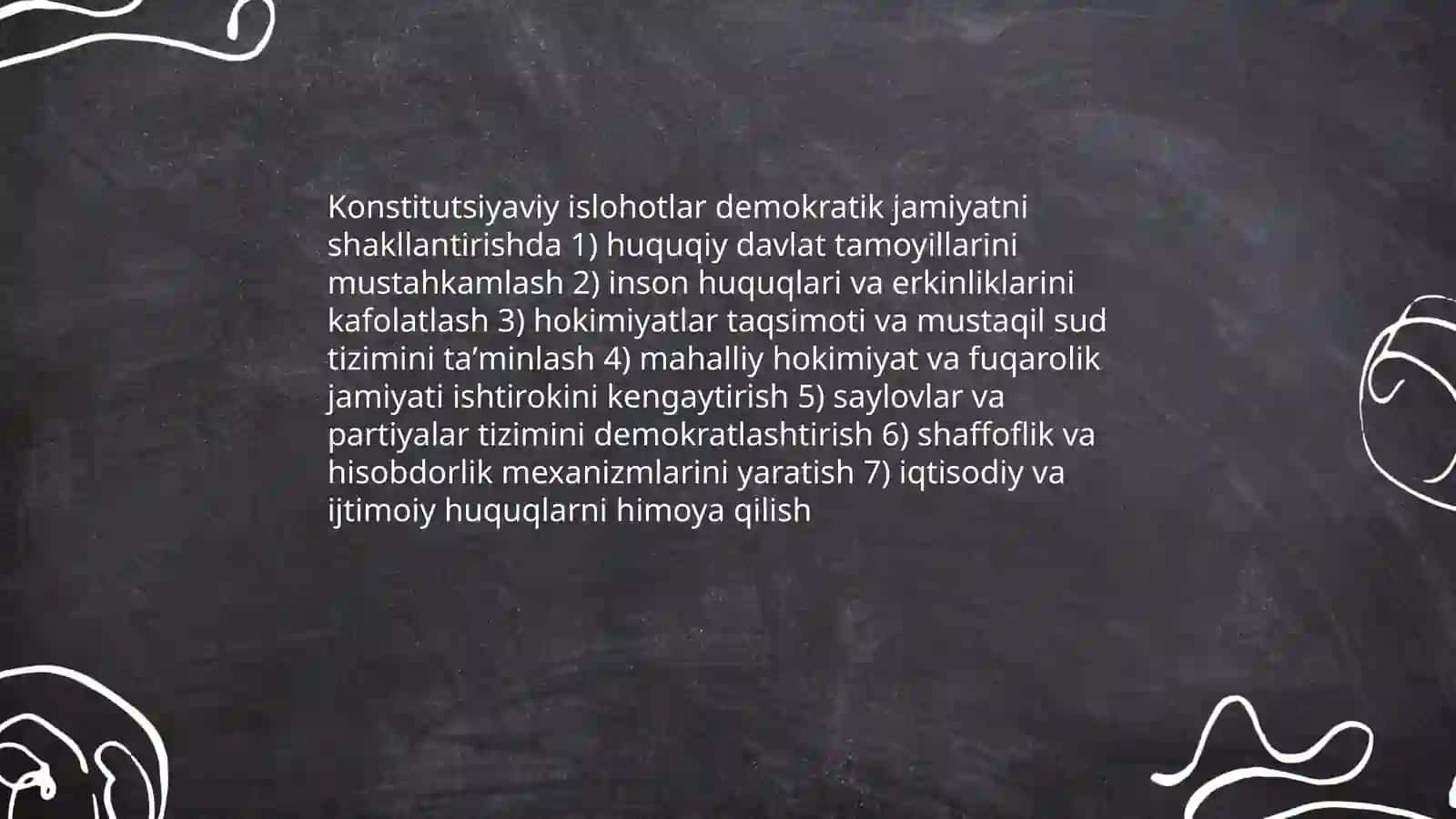 Oʻzbekistonda huquqiy siyosiy islohotlarning amalga oshishi demokratik jamiyatni shaklantirish yoʻlidagi islohotlar 3
