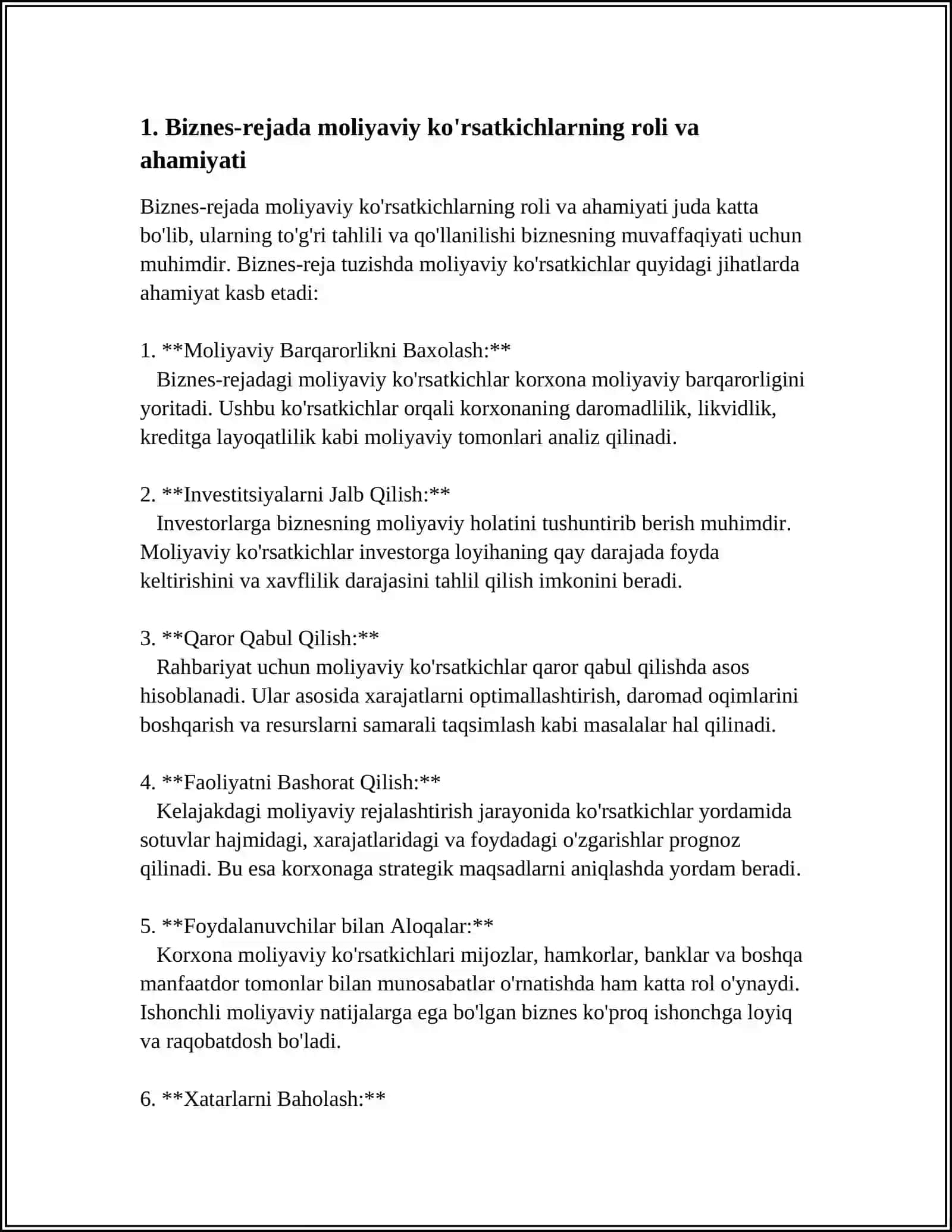 BIZNES-REJA TUZISHDA MOLIYAVIY KO‘RSATKICHLARNING AHAMIYATI 3