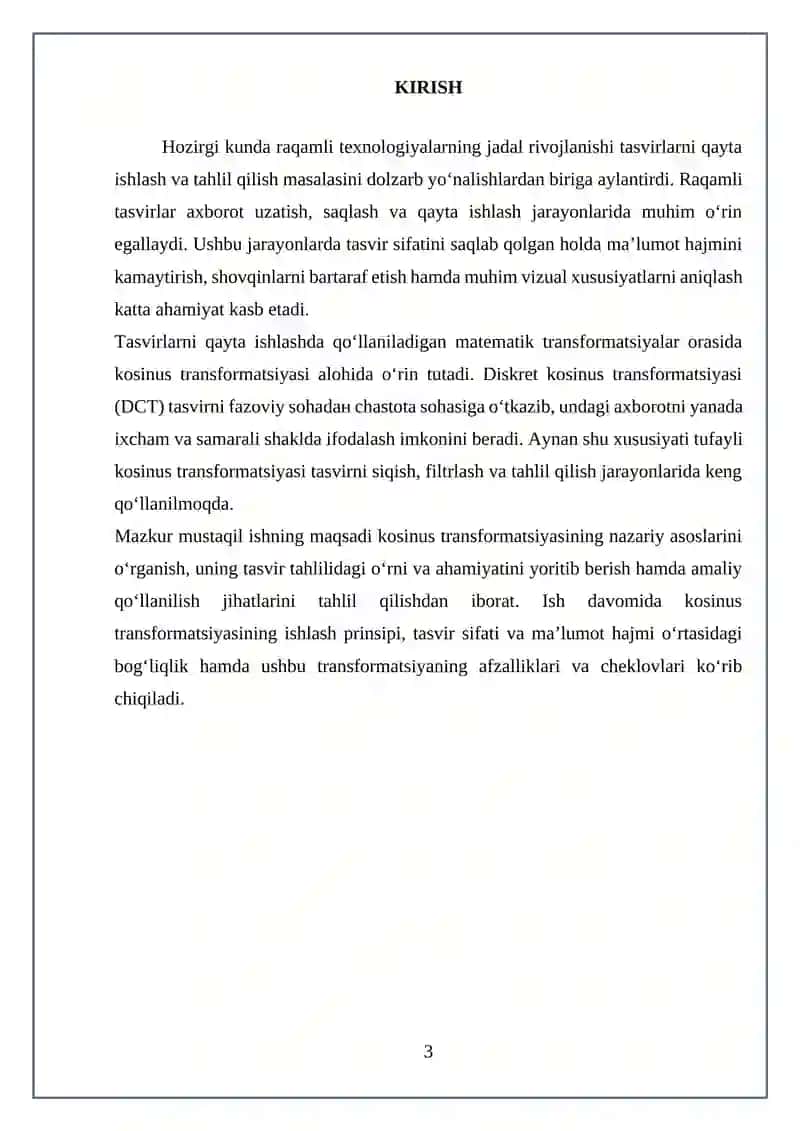 “Kosinus transformatsiyasining tasvir tahlilidagi ahamiyati” 3