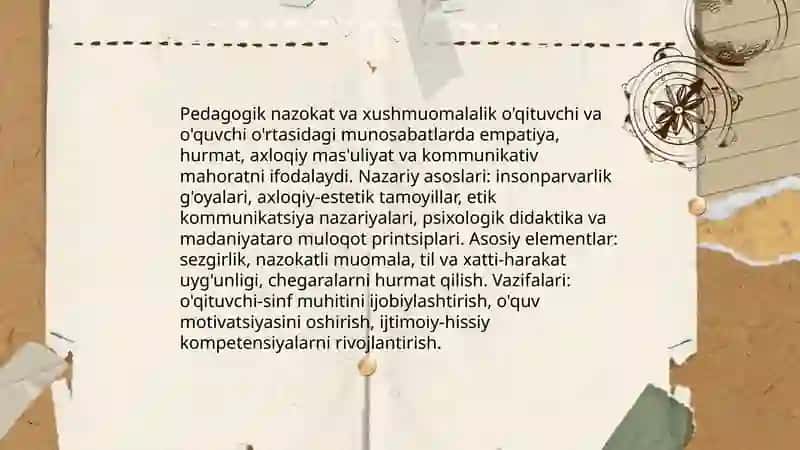 Pedagogik nazokat, xushmuomalalik va kasbiy pedagogik dilkashlikning o’qituvchi xulq atvorida shakllanishi 3