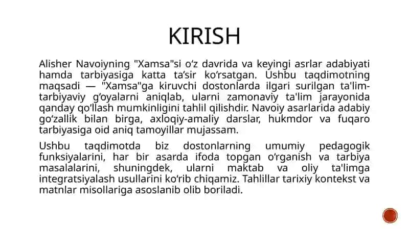 Alisher Navoiyning "Xamsa" turkumiga kiruvchi dostonlarida ilgari surilgan ta'lim-tarbiyaga oid gʻoy 3