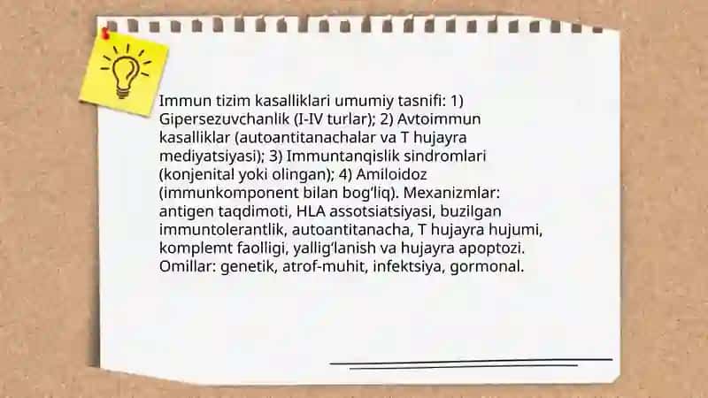 Immun tizim kasalliklari.HLA va uni kasalliklar bilan assotsiatsiyasi.Gipersezuvchanlik.Immuntolerantlik.Autoimmun kasalliklar mexanizmi.Immuntanqislik sindromi.Amiloidoz 3
