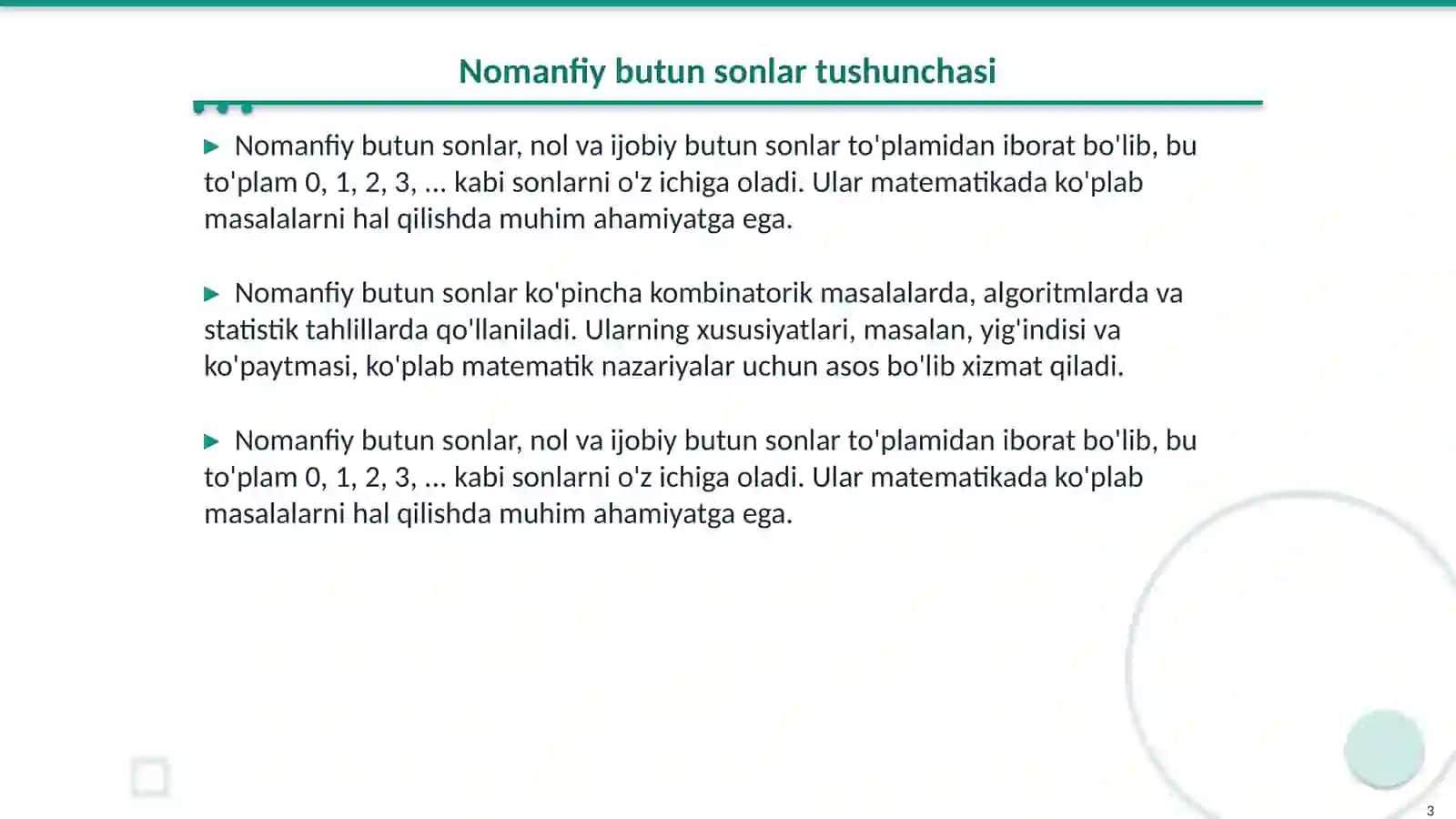 Nomanfiy butun sonlar toplamining xossalari 3