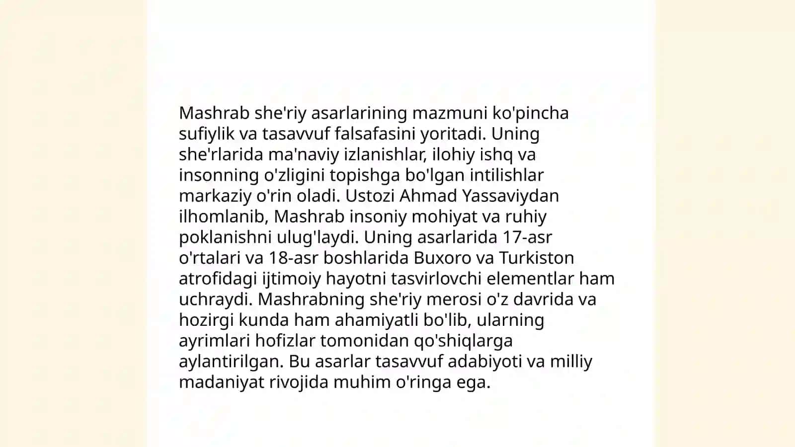 Mashrab, Gulxaniy, Maxmur, Nodira, Uvaysiy, Ogahiy, Muqimiy, Furqat, Zavqiy, Avaz O'tar she'riy asarlari matni ustida ishlash 3