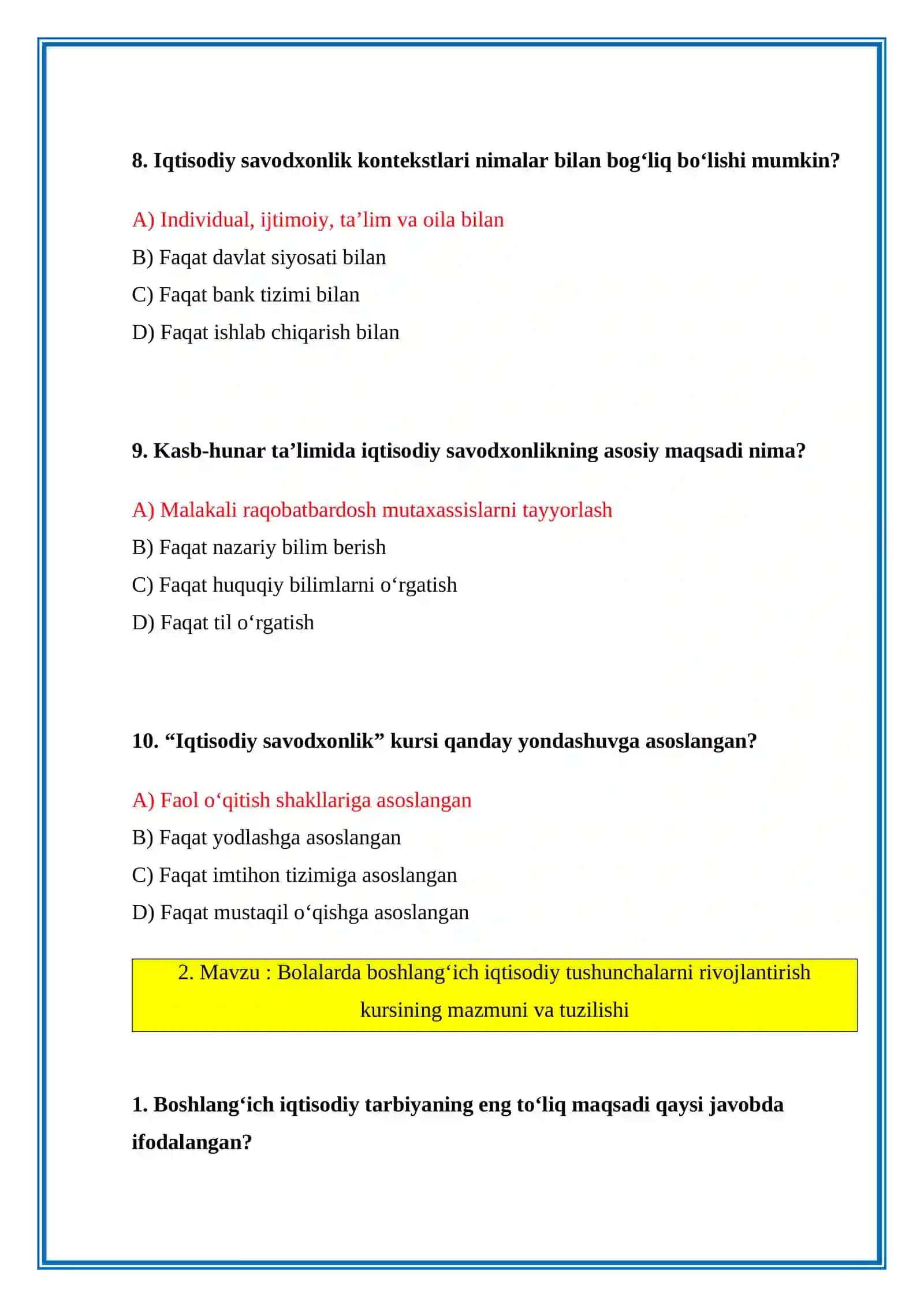 IQTISODIY SAVODXONLIK FANIDAN TAYYORLAGAN TEST. JAVOBLARI BILAN 3