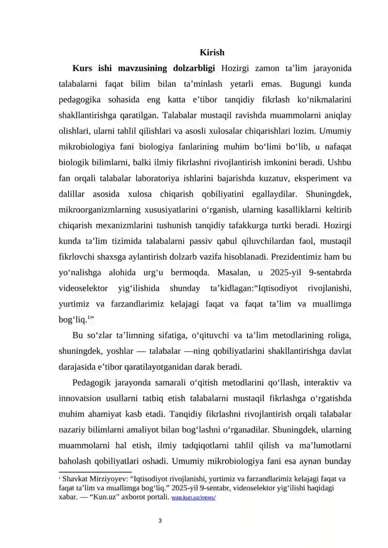 UMUMIY MIKROBIOLOGIYA FANIDA TALABALARNI TANQIDIY FIKRLASHGA O‘RGATISH USULLARI        kurs ishhi 3