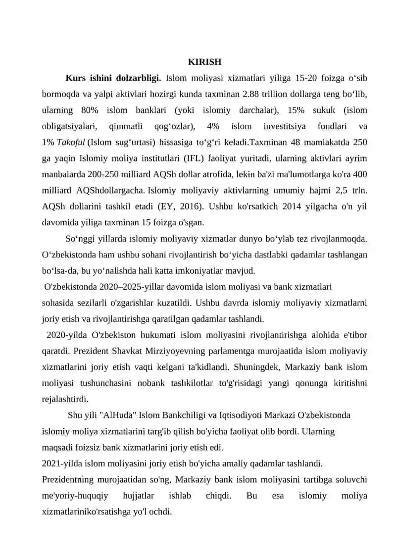 Tijorat banklarida islom bank hizmatlarini joriy etish kurs ishi. 3