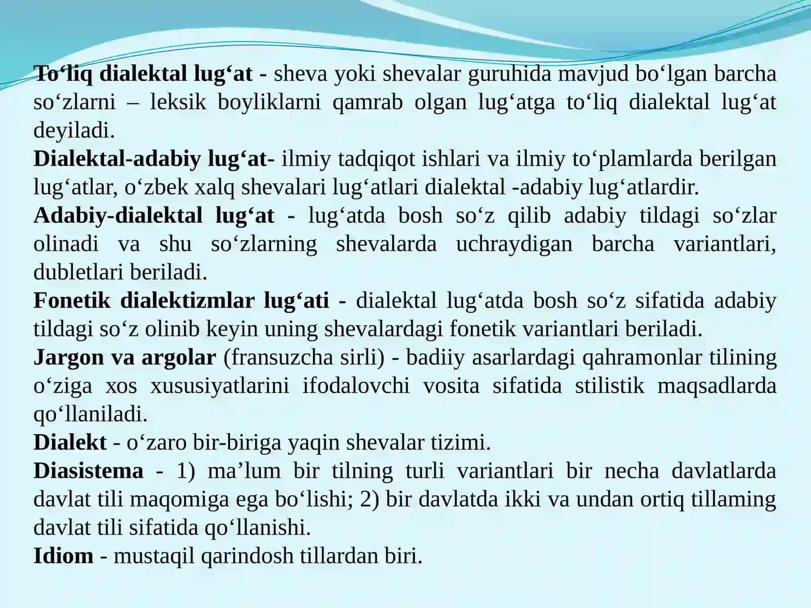 O‘zbek shevalarining grammatik xususiyatlari. Shevalarning morfologiyasi va sintaksisi. O‘zbek shevalari lug‘atchiligi. Dialektal lug‘atchilik tairixi. O‘zbek tili lahjalari 3