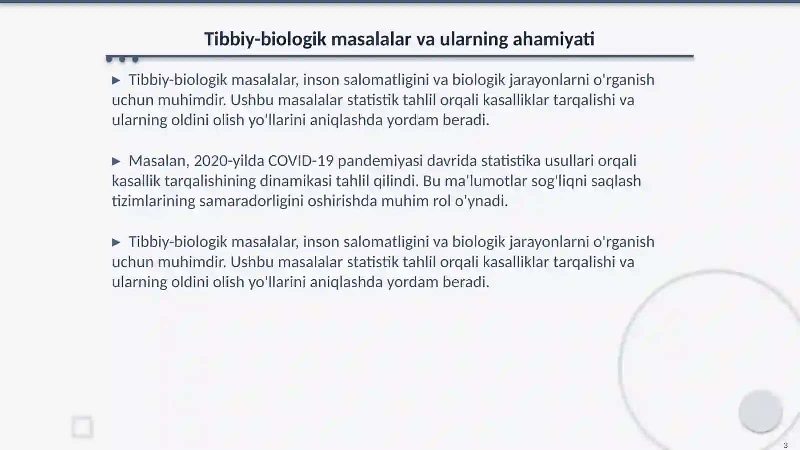 Tibbiy-biologik masala misolida matematik statistika elementlari, general va tanlov majmualar, tasodifiy kattaliklarning taqsimot qonunini yoritib berish 3