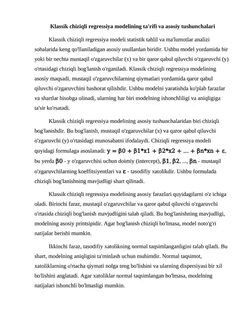 Klassik chiziqli regressiya modelining asosiy farazlari 3