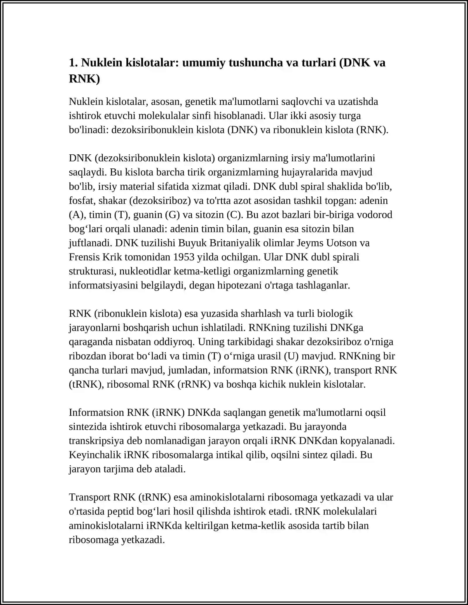 Nuklein kislotalar: umumiy tushuncha va turlari (DNK va RNK) 3