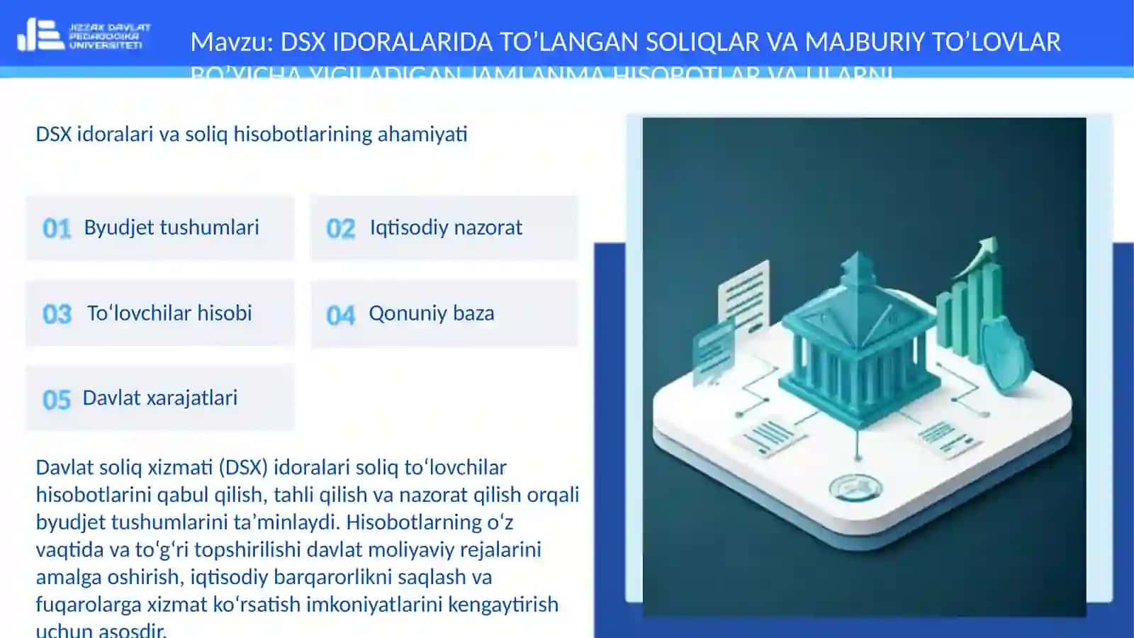 DSX IDORALARIDA TO’LANGAN SOLIQLAR VA MAJBURIY TO’LOVLAR BO’YICHA YIGILADIGAN JAMLANMA HISOBOTLAR VA ULARNI SHAKLLANTIRISH TARTIBI 3