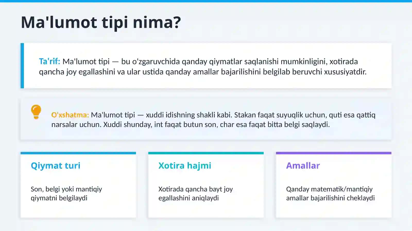 MA’LUMOTLAR TIPLARI, MALUMOTLARNI ODDIY STANDART TURLARI 3