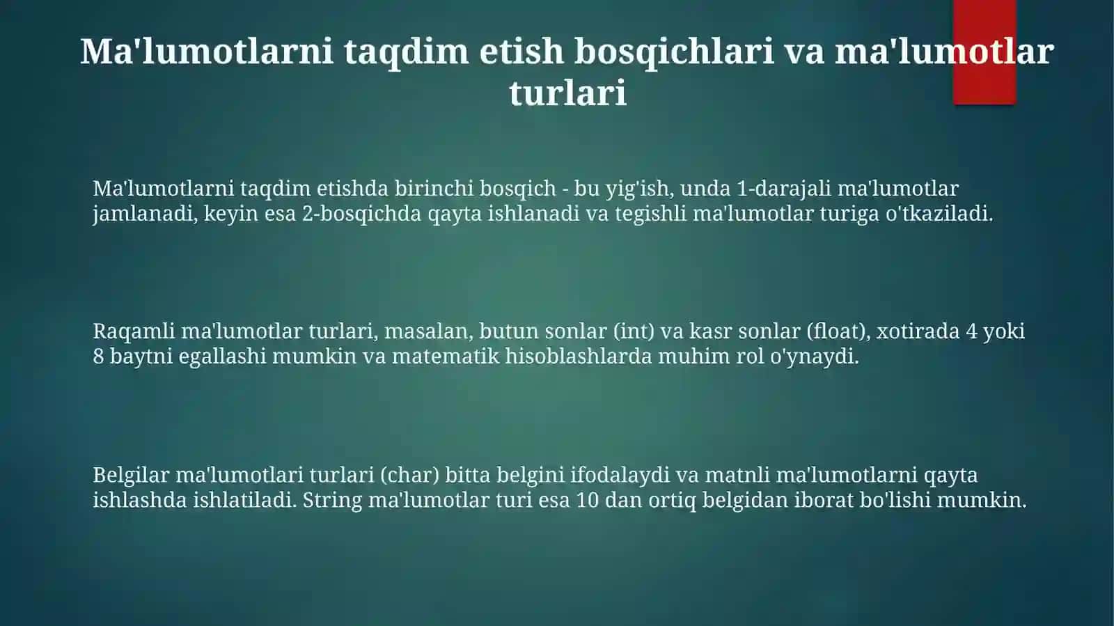 Ma'lumotlarni ifodalash bosqichlari. Ma'lumotlar toifalari 3
