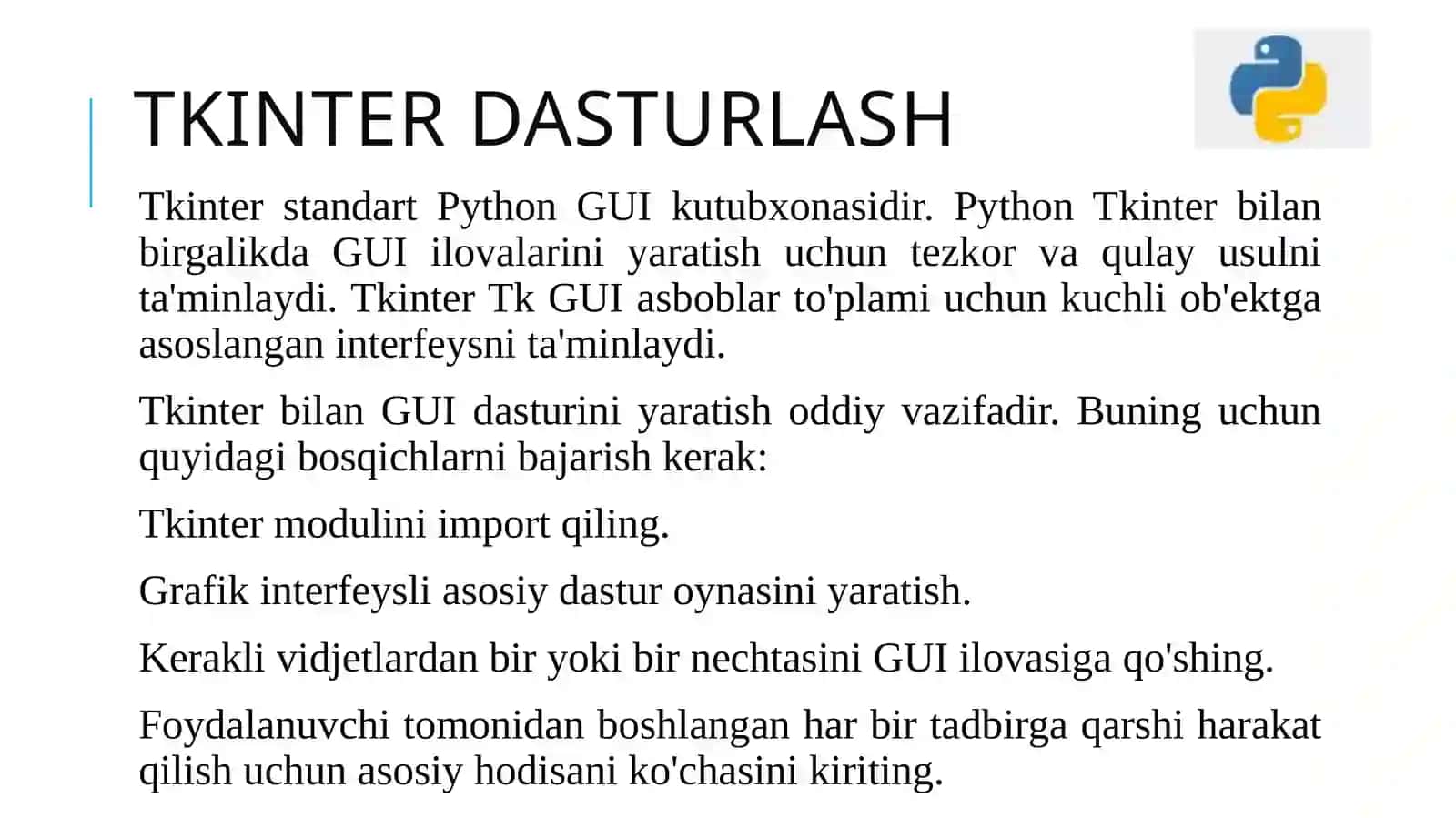 Tkinter grafik foydalanuvchi interfeysi (GUI) - PYTHON 3