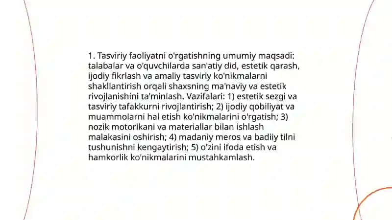 Tasviriy faoliyatga o'rgatishning maqsadi.Dastur tamoyillari 3