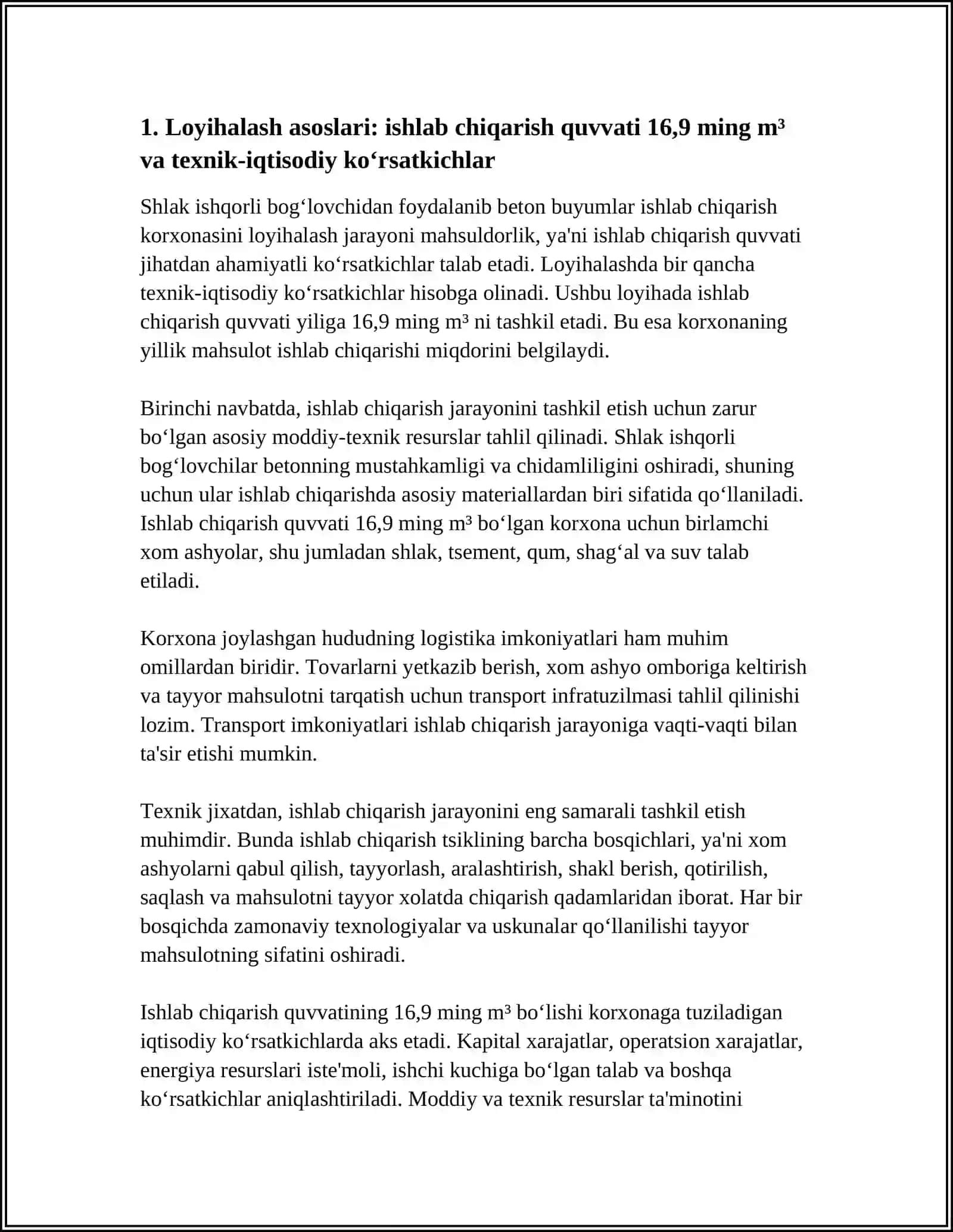 SHLAK ISHQORLI BOG‘LOVCHIDAN FOYDALANIB BETON BUYUMLAR ISHLAB CHIQARISH KORXONASINI LOYIHALASH 3