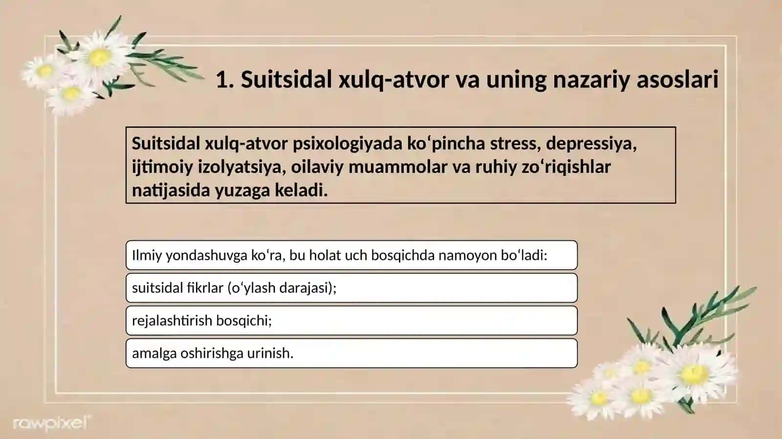 SUITSIDAL XULQ-ATVORLI SHAXSLAR BILAN OLIB BORILADIGAN TRENINGLARNING O‘ZIGA XOSLIGI 3