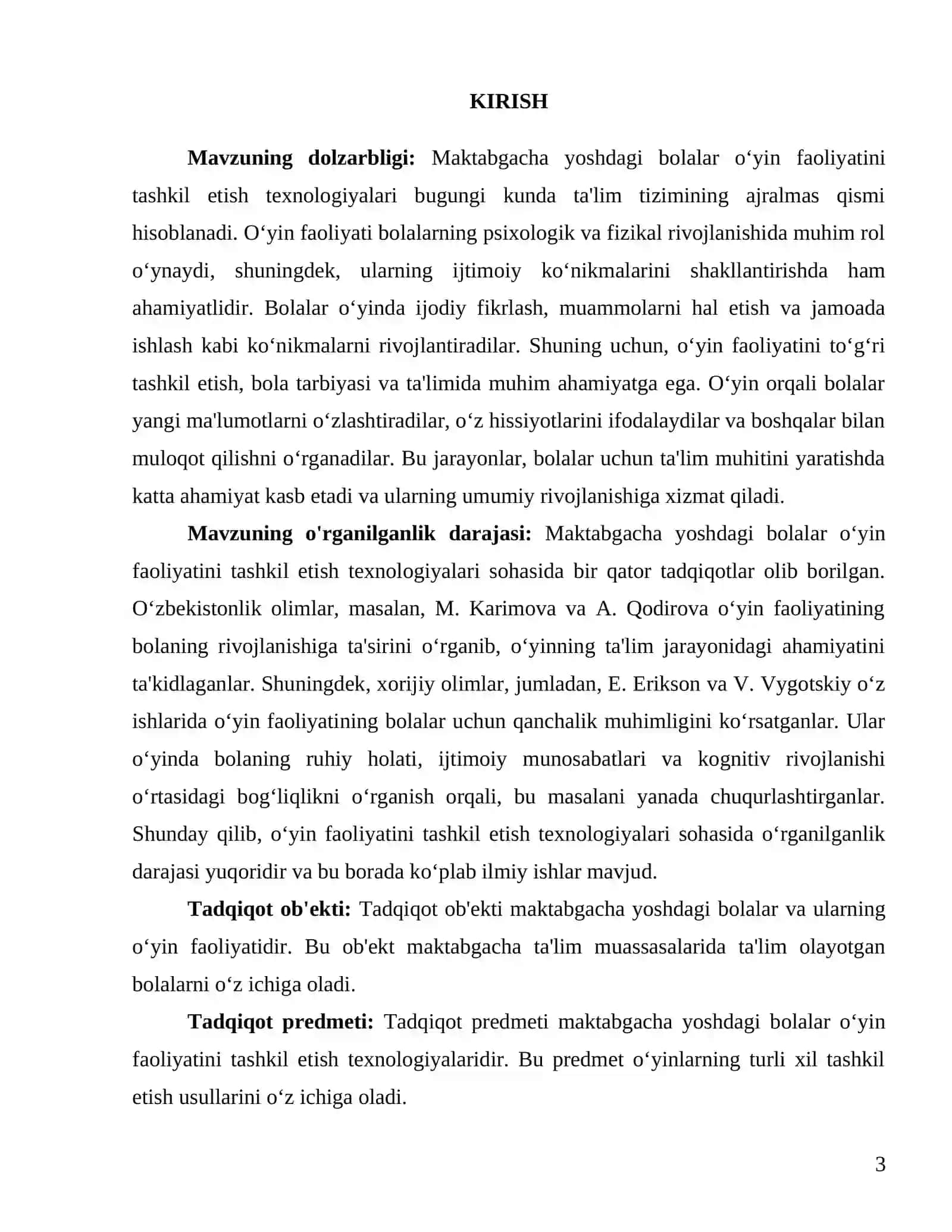 Mavzu: "Maktabgacha yoshdagi bolalar o‘yin faoliyatini tashkil etish texnologiyalari" 3