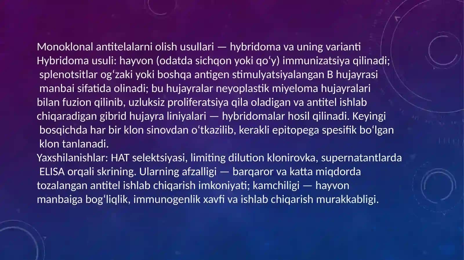 Monoklonal antitenalar, ularning olinishi, tiplari va amaliyotda qo’llanilishi. Sitokinlar, Interferon. Sintezlanishi va tasir mexanizimi 3