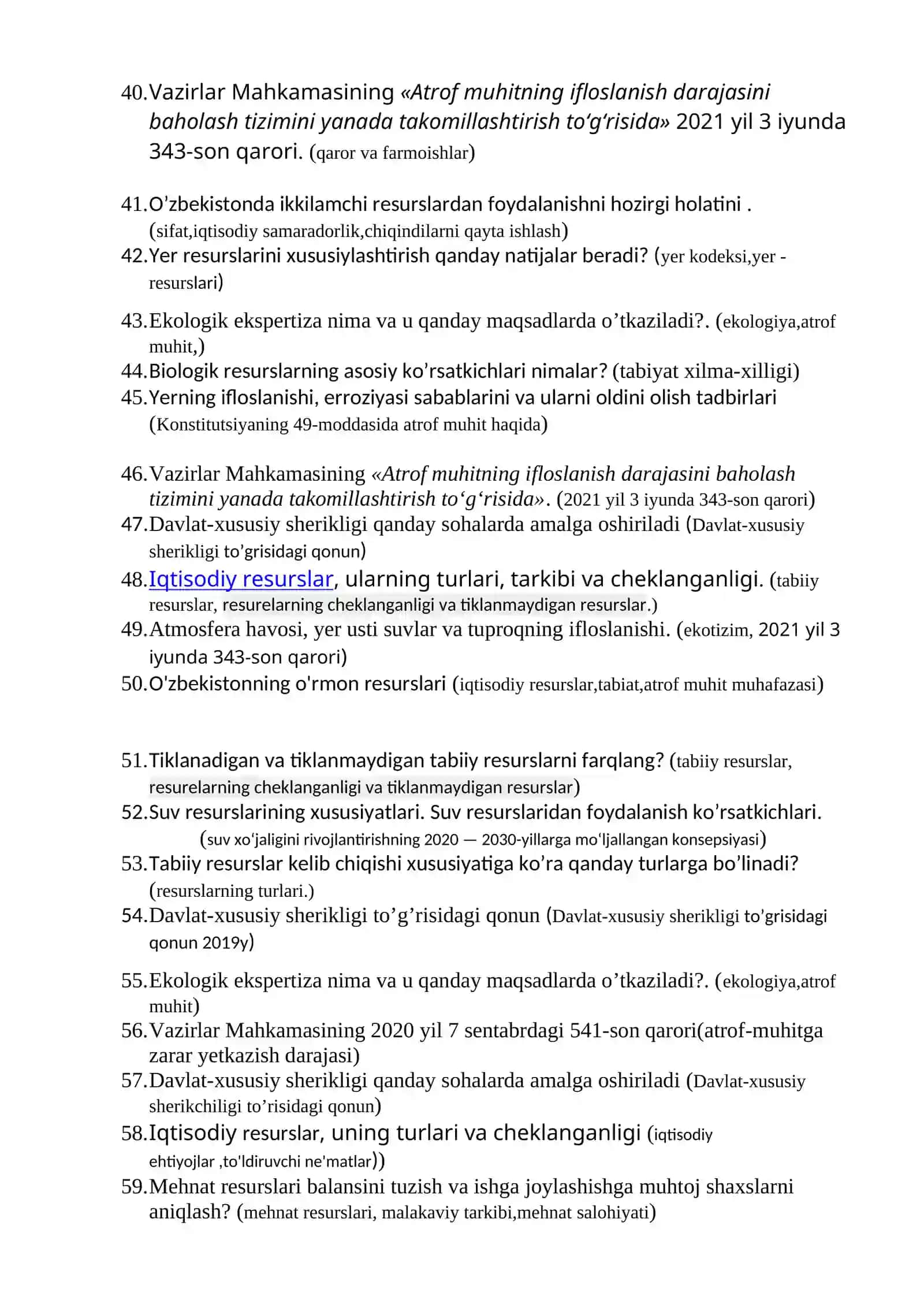 “Resurslar iqtisodiyoti” fanidan yakuniy nazorat savollari 3
