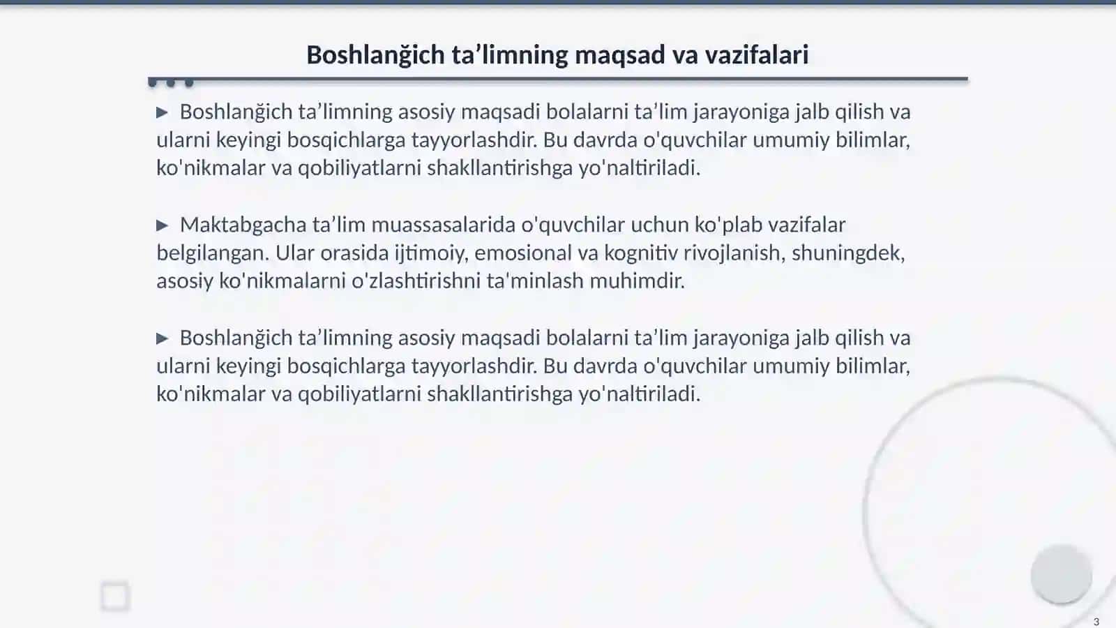 Boshlanğich ta’limda òquvchilarni ta’limning keyingi turlariga tayyorlash metodikasi 3