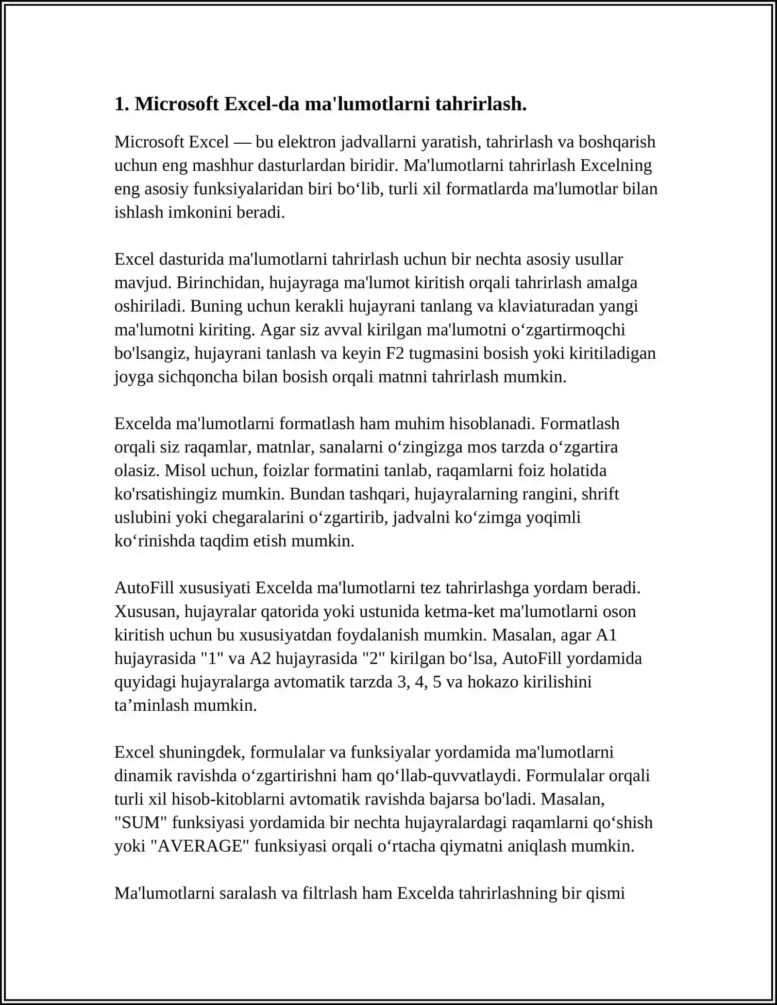 SONLI MA'LUMOTLARNI QAYTA ISHLASH TEXNOLOGIYASI.MICROSOFT EXCEL JADVAL MUHARRIRIDA MATN,FORMULA,DIAGRAMMA VA GIPERMUROJATLAR BILAN ISHLASH 3