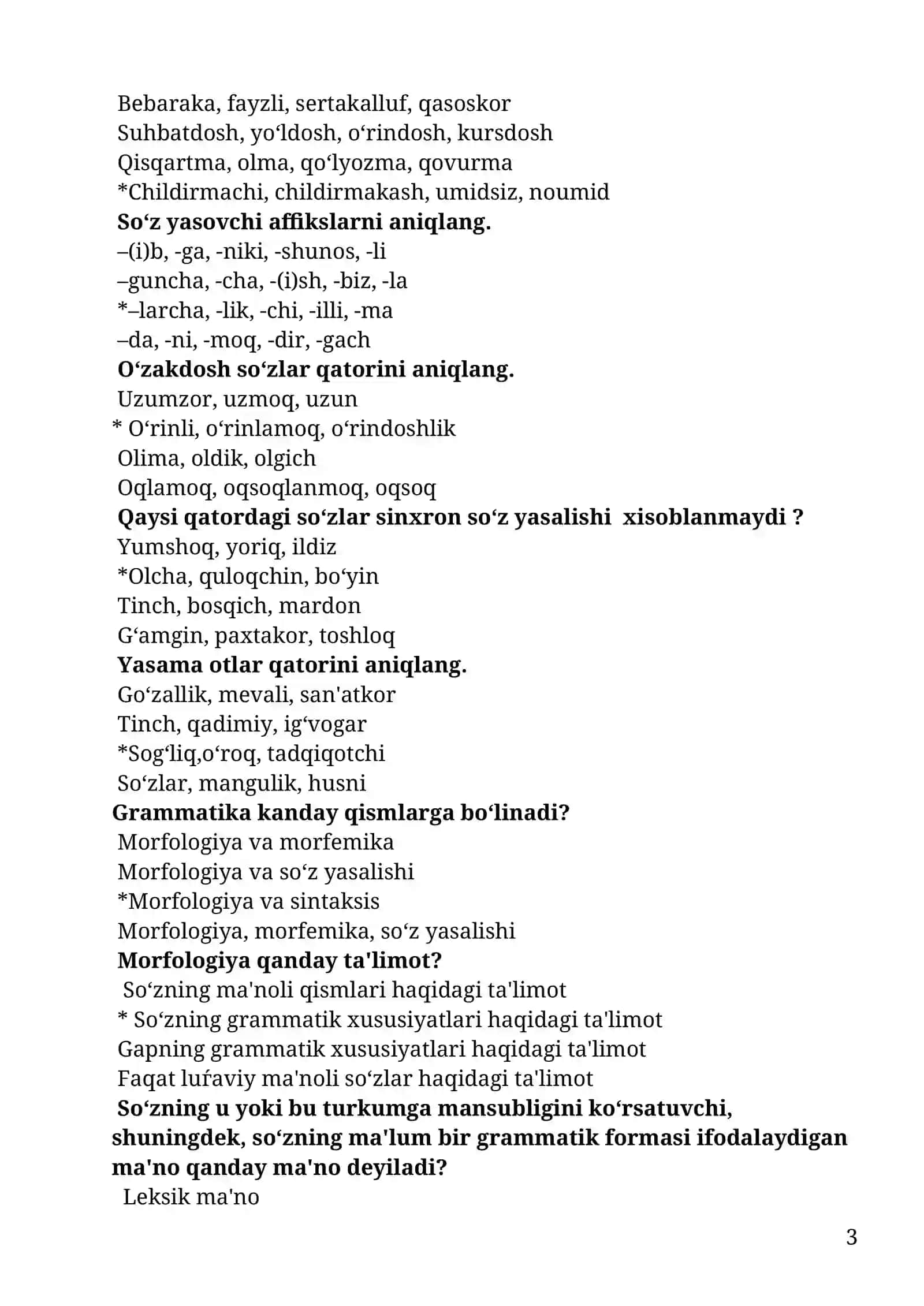 Hozirgi adabiy oʻzbek tili fanidan test savollari 3