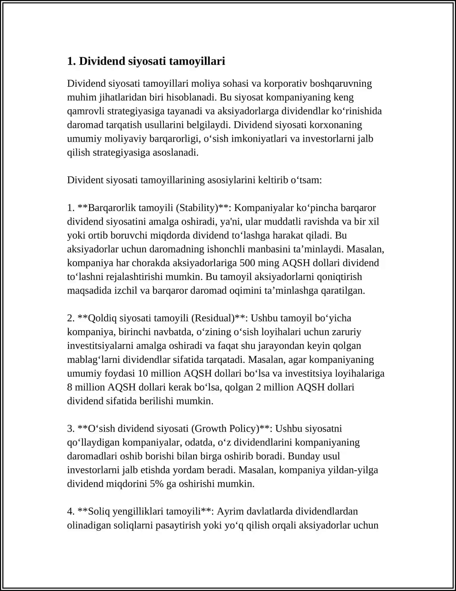 DIVIDEND BILAN BOGʻLIQ QARORLAR. XULOSA VA TAKLIFLAR 3
