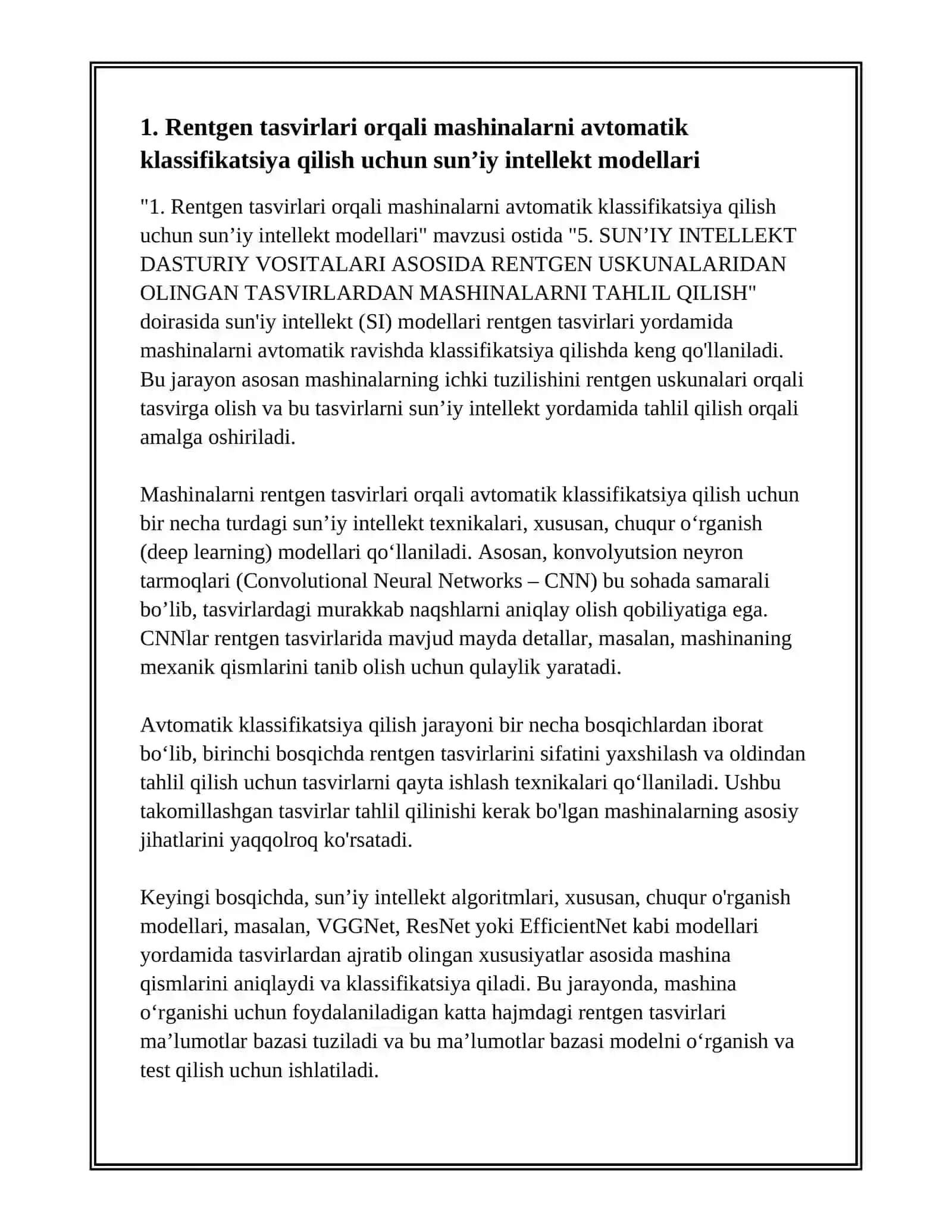 SUN’IY INTELLEKT DASTURIY VOSITALARI ASOSIDA RENTGEN USKUNALARIDAN OLINGAN TASVIRLARDAN MASHINALARNI TAHLIL QILISH 3