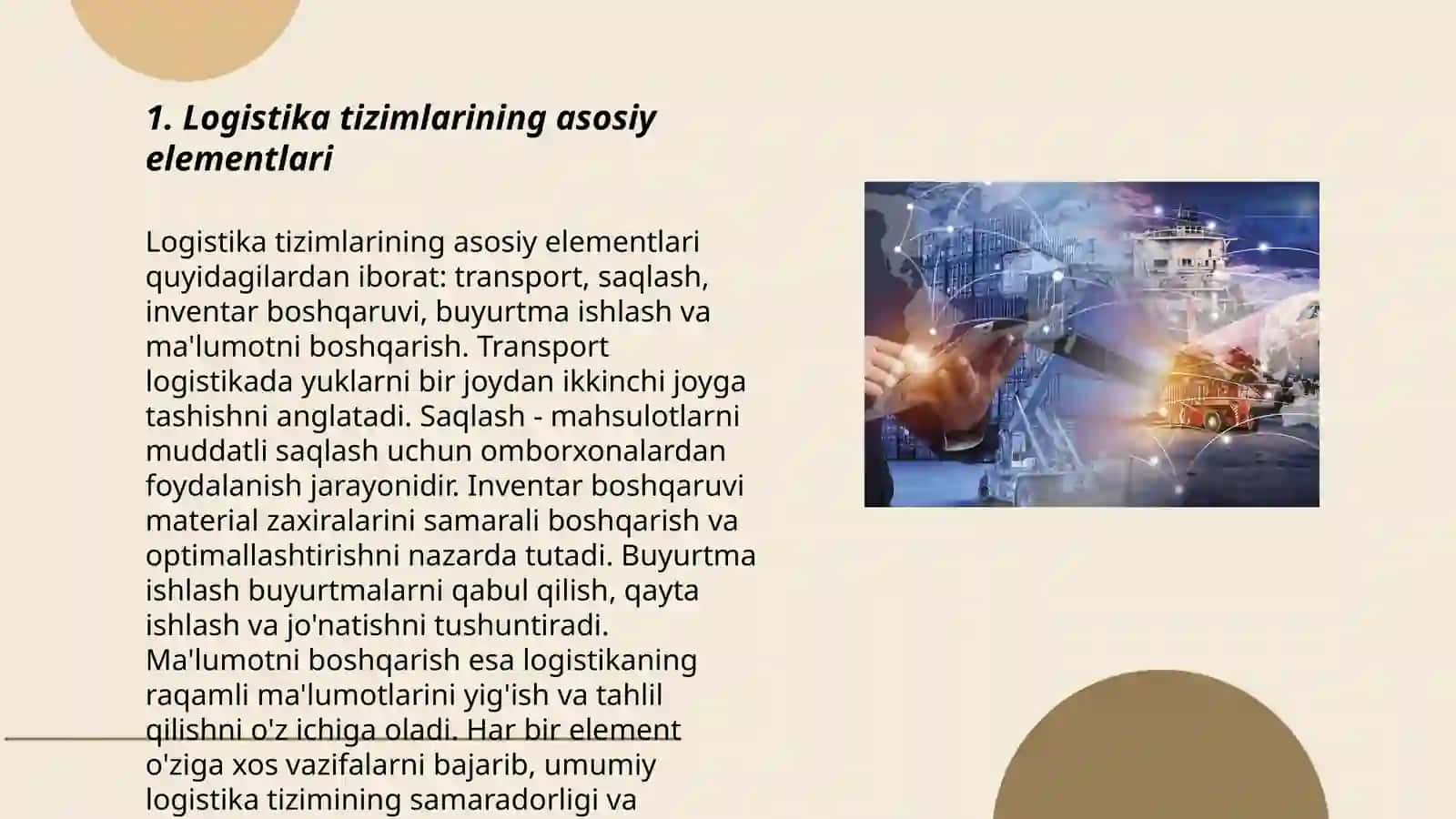 Logistika fizimlari elementlarining xususiyatlari 3