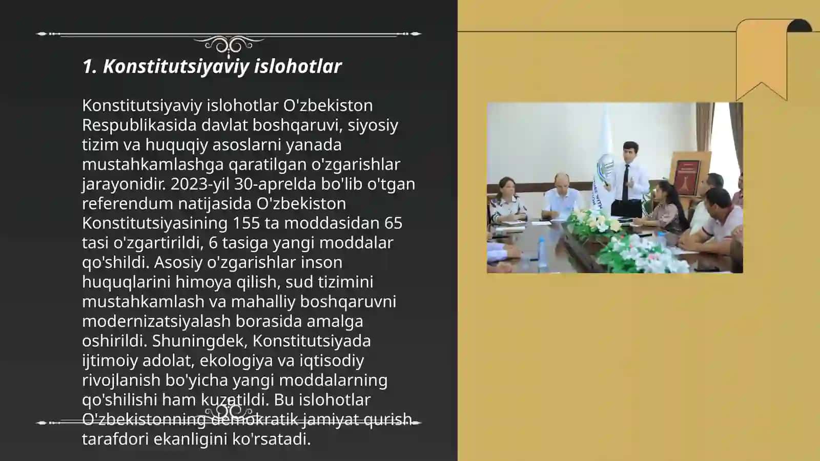 Oʻzbekistonda huquqiy siyosiy islohotlar amalga oshirilishi demokratik jamiyatni shakllantirish yoʻlidagi islohotlar 3