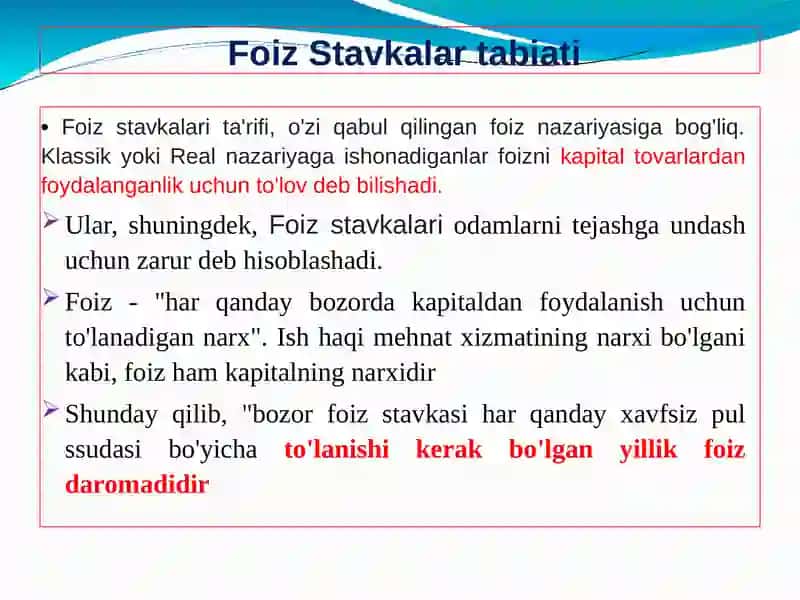 Foiz stavkalarini aniqlash va ularning tuzilmasi: 3 3