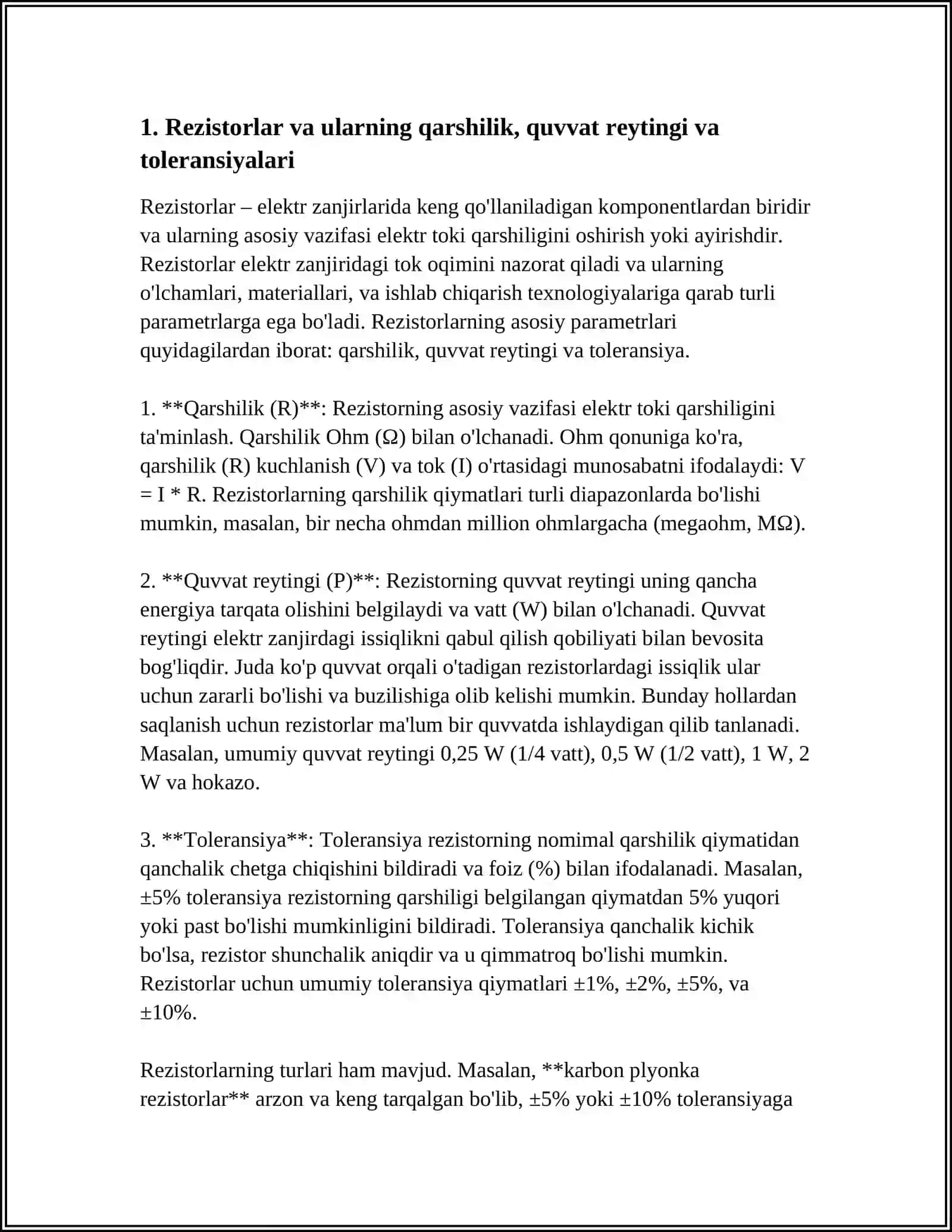 Rezistorlar va ularning qarshilik, quvvat reytingi va toleransiyalari 3