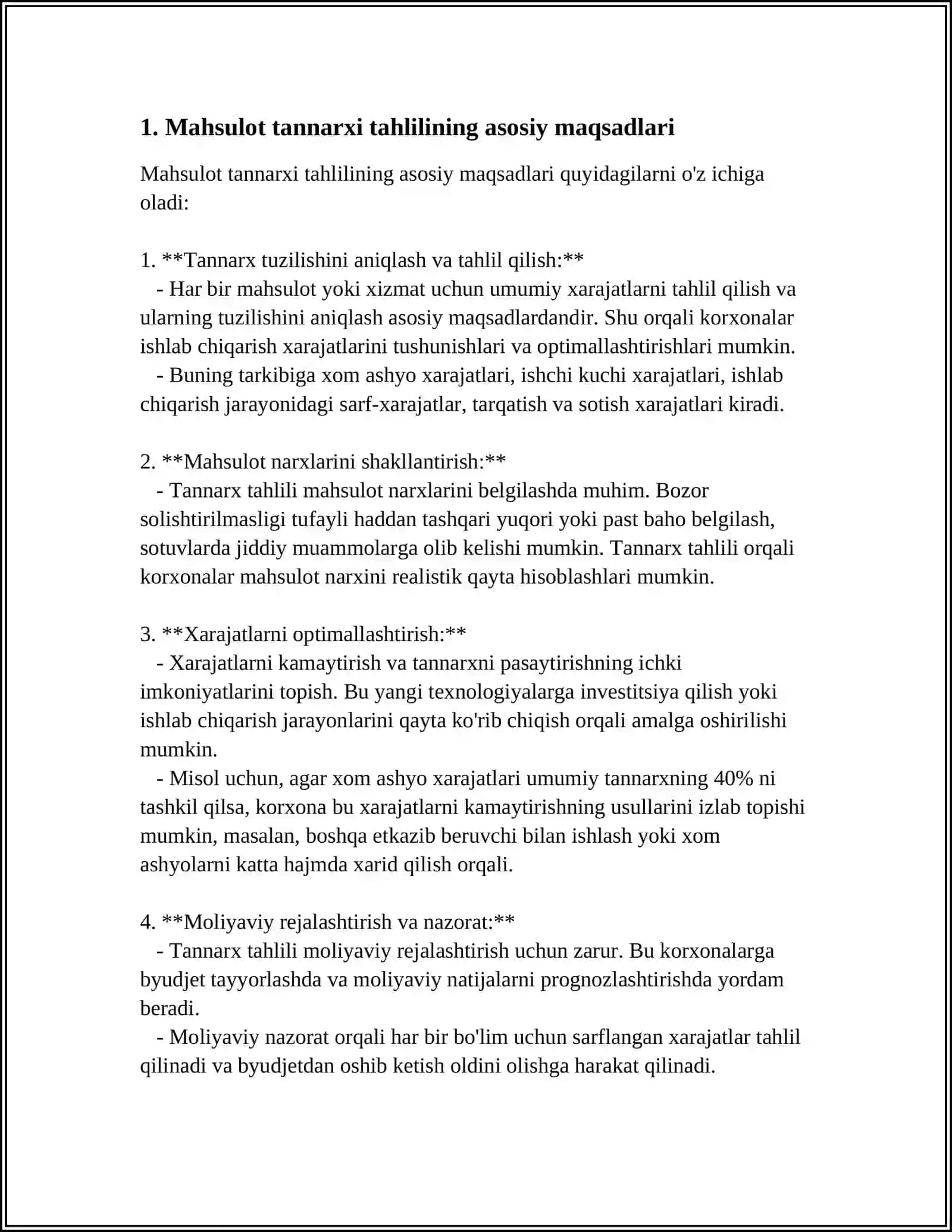 MOLIYAVIY HISOBOT TAHLILI FANIDA "MAHSULOT ISHLAB CHIQARISH TANNARXI TAHLILI." 3