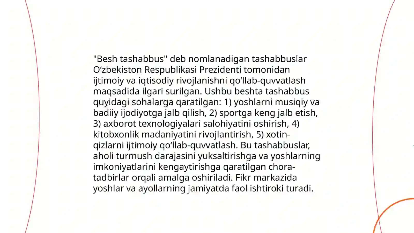 Beshta tashabbus va ularning yuksak maʼnaviy madaniyatni taʼminlashdagi oʻrni 3