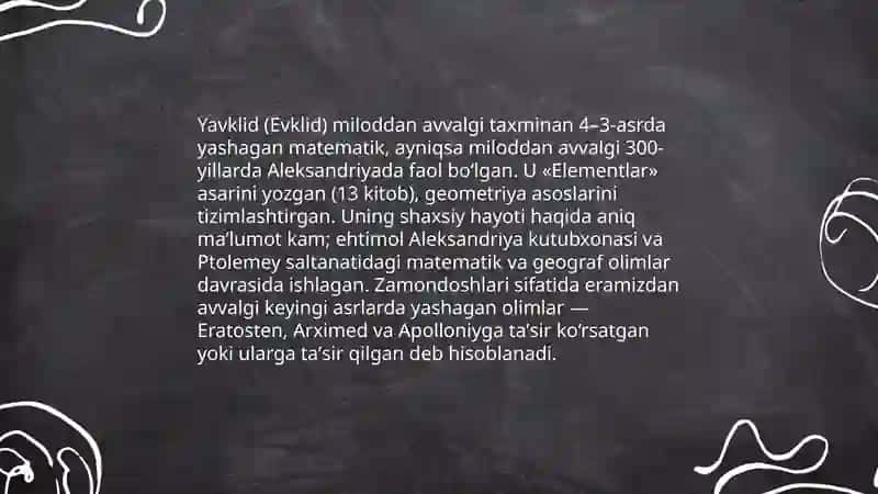 Yavklid va Eratosfen hayoti va ijodi haqida maʼlumot 3