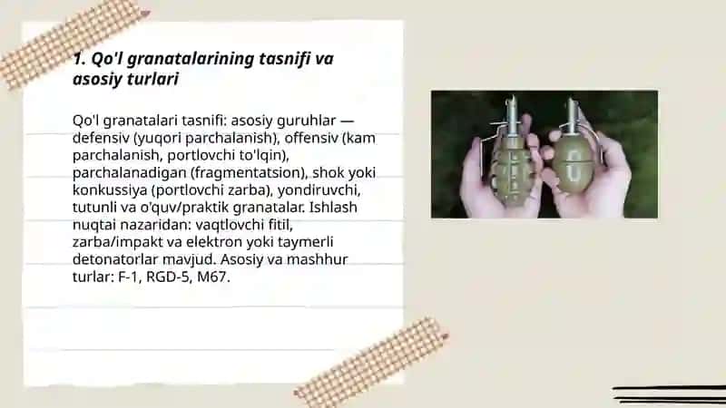 Qõl granatalarining jangavor xususiyatlari va taktik texnik tavfsiflari. 3