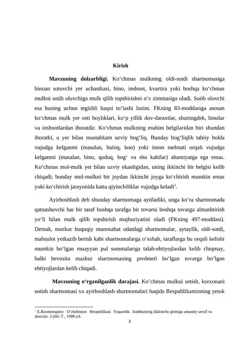 Ko’chmas mulkni sotish, korxonani sotish shartnomasi va ayirboshlash shartnomalari 3