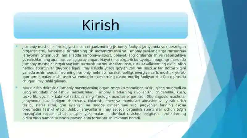 Jismoniy mashqlar fizologiyasi fanning rivojlanish tarixi, sharq  mutafakkirlarini mazkur fanga qo'shgan hissasi, O'zbekiston olimlari fanning rivojlanishga qo'shgan hissasi haqida nazariy ma'lumotlarga ega bo'lishSlaydJismoniy mashqlar fizologiyasi fanning rivojlanish tarixi, sharq  mutafakkirlarini mazkur fanga qo'shgan hissasi, O'zbekiston olimlari fanning rivojlanishga qo'shgan hissasi haqida nazariy ma'lumotlarga ega bo'lish 3