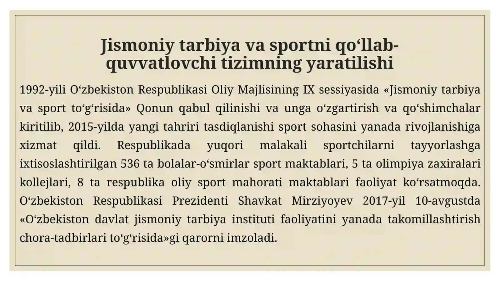 O’zbekiston Respublikasi jismoniy tarbiya va sport sohasi 3