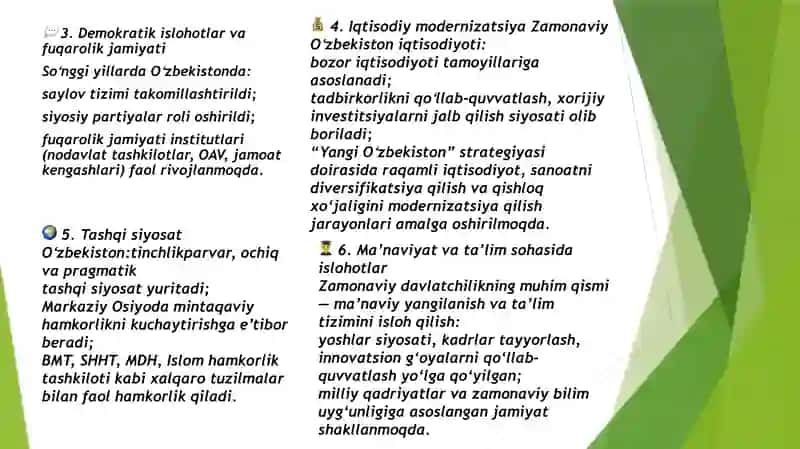 Oʻzbekiston zamonaviy davlatchiligi xususiyatlarini nimada ko’rasiz. 3