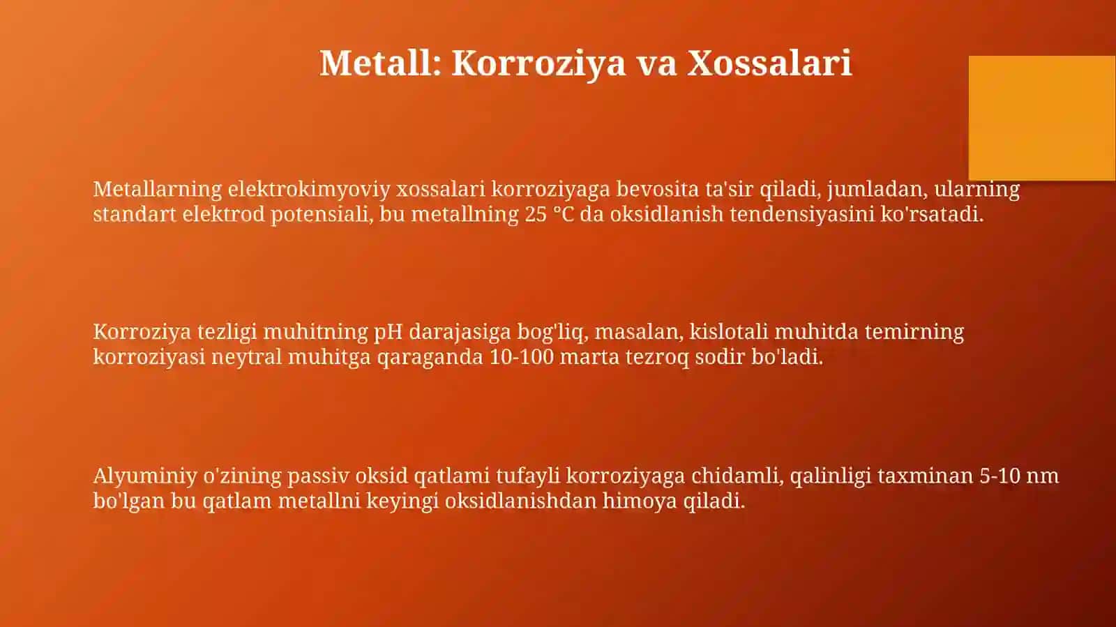 Metall: Korroziya va Xossalari 3