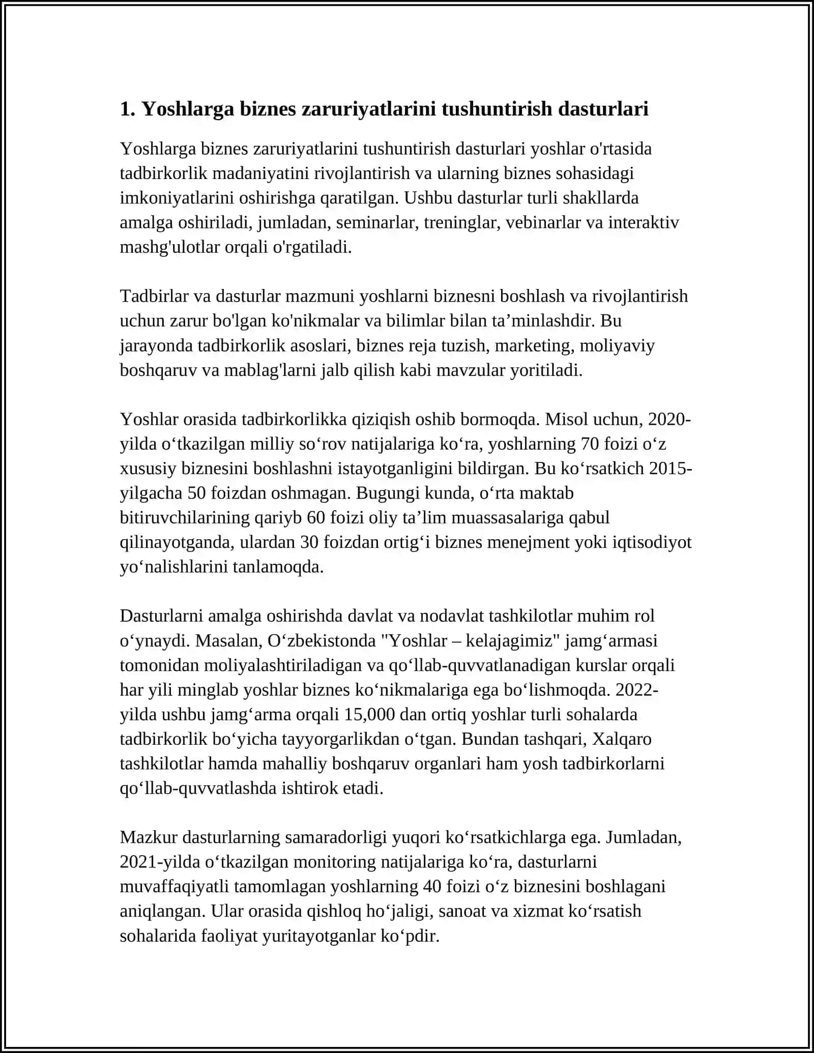 YOSHLARNI BIZNES SOHASIGA JALB QILISH DASTURLARINING AMALGA OSHIRILISHI 3